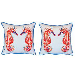 Pair of Betsy Drake Coral Sea Horses Large Indoor/Outdoor Pillows